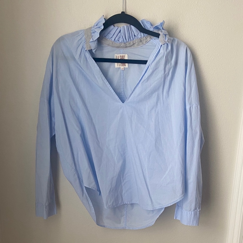 A Shirt Thing Penelope Light Blue Ruffle Neck Popover Blouse P/S